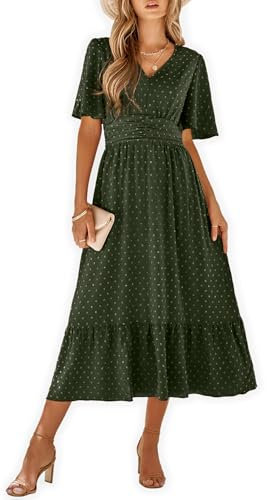 IFFEI Women Summer Maxi Dresses V Neck Chiffon Ruffle Sleeve Swiss Dots A-Line Dress Stretchy High Waist Flowy Dress M