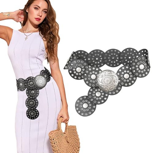 TOFBS Gürtel für Damen Vintage Mode Runde Scheibe Hakenverschluss Ledergürtel Western Cowgirl Breiter Elastischer Verstellbare Taillengürtel Durchbrochener Metal Schnalle Belt(Silber)