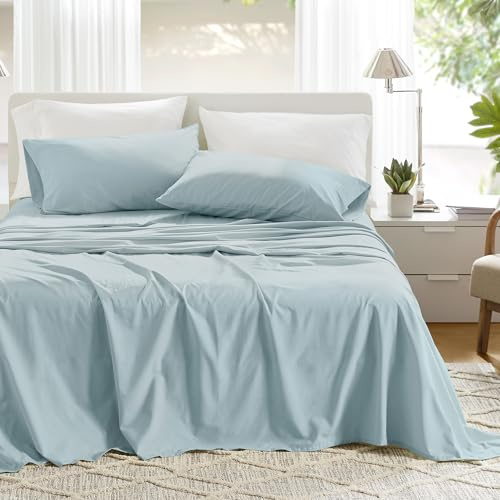 Comfort Spaces 100% Cotton Sheets Queen, Breathable, Soft Cotton Sheets, Naturally Cool Cotton Bed Sheets with 14 Elastic Pocket Fits up to 16 Mattress, All Season Sheet Set, Light Blue 4 Piece | Crisp, Cool & Breathable Bed Sheets, 14 Deep Pocket Fits Up to 16 Mattress, Lightweight, All Season Cozy, with Pillow Case
