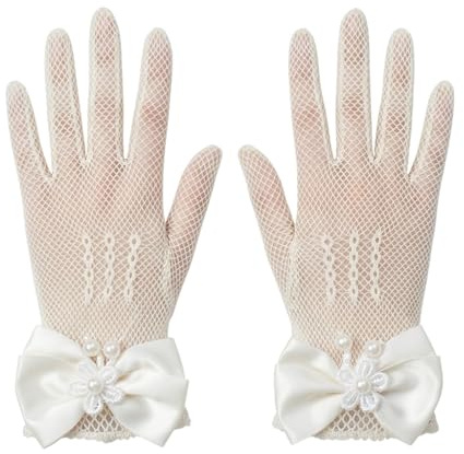 ZOYA Premium Kommunionhandschuhe für Mädchen aus Satin mit Perlen mit Schleife Weiß