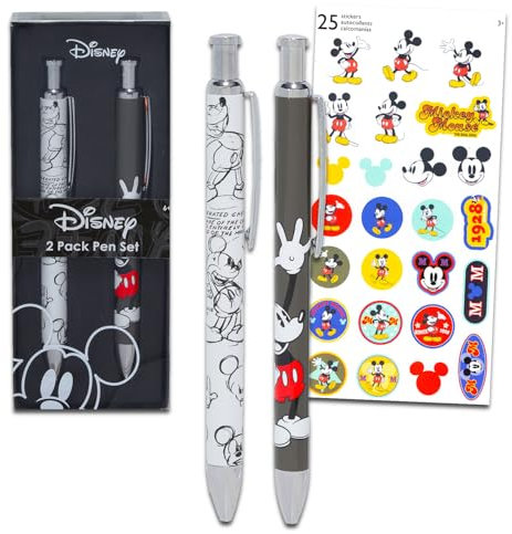 Set di 2 penne Topolino Topolino Topolino con clip e adesivi per bambini, penne stilografiche per bambini, penna stilografica Topolino cancelleria, regalo per ragazzi e ragazze