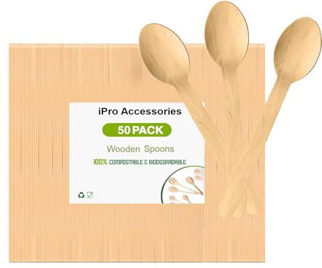iPro Accessories Paquete de 50 cucharas desechables de madera biodegradables y sin plástico, ideales para bodas, picnics, fiestas, oficina, ecológicas (cuchara)