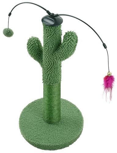 Roypet 53cm Tall Cactus Cat Sisal Rope Scratching Post with Hanging Ball and Feather Interactive Toys, Interactive Cat Scratching Post for Indoor Cats, Green