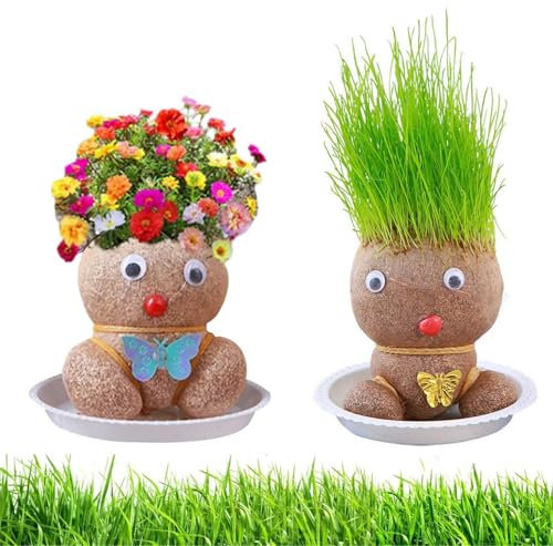 2Pcs Growing Grass Head Doll, Grass Head Doll Plant, Grass Growing Head, Bonsai Plant Growing Kit, Flower Head Grass Head Dolls Plant With Tray For Kids Potted Craft Educated, Home Garden Decor