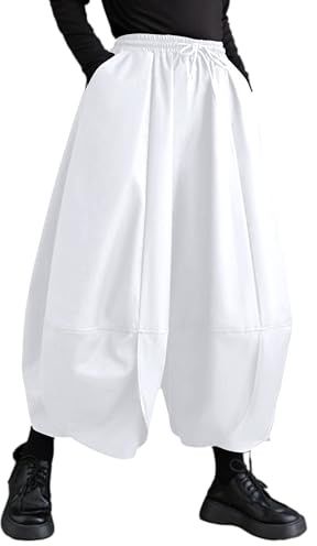 ellazhu Women's Puffy Drawstring Elastic Waist Drop Crotch Hakama Harem Wide Leg Pants GZ81 A, White, Large-X-Large