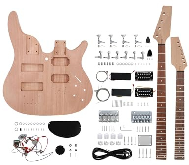 Fistrock Double Neck DIY Electric Guitar and Bass Kit 6 String and 4 String Guitar Kit Right Handed with Mahogany Body Mahogany Neck Rosewood Fretboard Chrome Hardware Build Your Own Bass and Guitar.