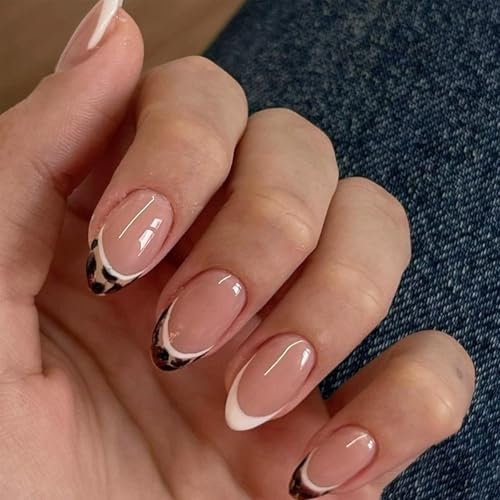 Press On Nails - 30Pcs Short Oval False Nails Leopard White Design - Removable Glue-on Nails Fake Nail Acrylic Full Cover Nail Women Girls