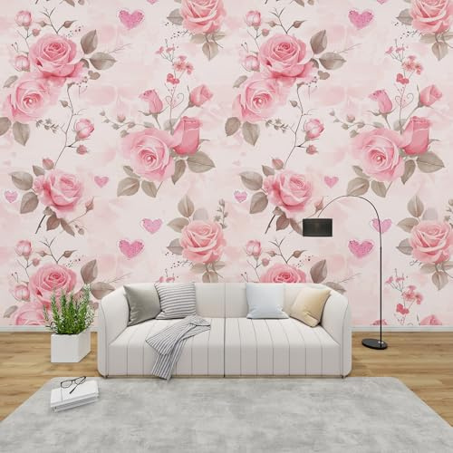 QEODAH Fototapete Rosa Rosen Schlafzimmer, 3D Tapete Rosenblumen, Vliestapete Rosa, Tapeten Wohnzimmer Muster, Mädchen Romantisch Wand Deko Kinderzimmer, Wandtapete, Mustertapete Vlies 300x210 cm