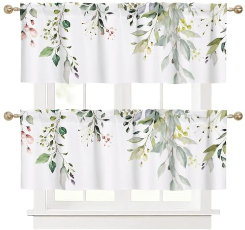 Ausing 2er Pack Grün Kurze Küchenvorhänge Paneel Bistro Vorhang mit Blatt Prints Landhausstil Vintage Dekor