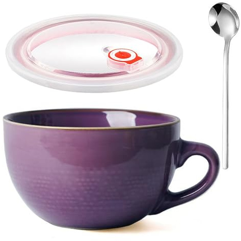 Aarcyye Groß Tasse Keramik, 700ml Groß Müslischalen mit Henkel, Salat Schale, Wiederverwendbar Porzellan Kaffee Tasse, Porzellan Suppenschüssel Mit Deckel und Löffel, Für Cafés(Violett)