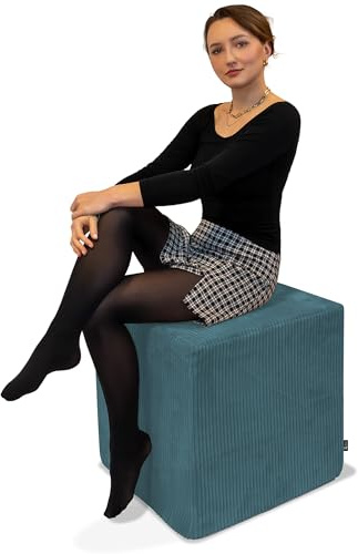 DreamRoots Pouf Velours Côtelé 50x50x50 cm - Repose Pied Salon, Canape, Siège d’Appoint ou Table Basse, Pouf Tabouret Polyvalent, Carré, Bleu foncé