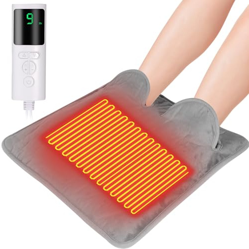 Electric Heated Foot Warmer - Furry 9-Level Adjustable Foot Warmer with Timer Settings & Adjustable Temperature, Warmer Fast Heating Pad for Women Men Winter Home Office Keep Feet Warm (Grey)