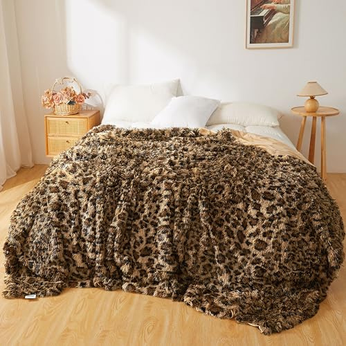 XeGe Luxus Flauschige Kunstfell Gepardprint Bettdecke für Kinder, Erwachsene & Paare, dekorativ Plüsch Kuscheldecke King Size für Schlafzimmer, Leopard Muster Braun Felldecke, 228x264cm, King