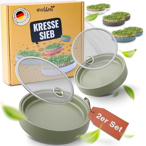 seed&eat Kressesieb (13cm) - 2er Set, Anzuchtschale für Kresse & Microgreens, mit Sprossenheft [E-Book], Keramikschale + Edelstahlsieb