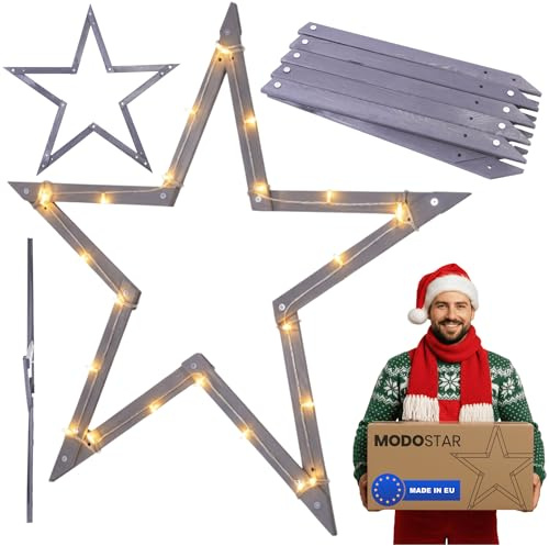 MODO24 DIY Stern MODOSTAR 2D Weihnachtsstern Set aus FSC Holz, Sternabmessungen: 114 cm, zum Aufstellen im Garten & Terrasse, wetterfest, faltbar & stabil, Weihnachtsdeko, Farbe: Grau imprägniert