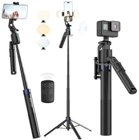 Auto Face Tracking Gimbal Tripod 360 Rotation, Selfie Stick with Remote 2Pcs Fill Lights for iPhone, Android, Miniature Camera, 70in Phone Tripod Stand for Content Creation Vlogging, Live Streaming