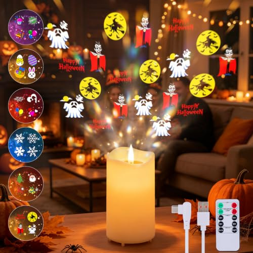IMAGE Flameless Candles Light, Night Light with Projector, Battery/USB-C LED Candle Indoor Light Gift for Christmas Halloween Birthday Wedding Easter Home Decor, 6 Slides, Remote & Timer