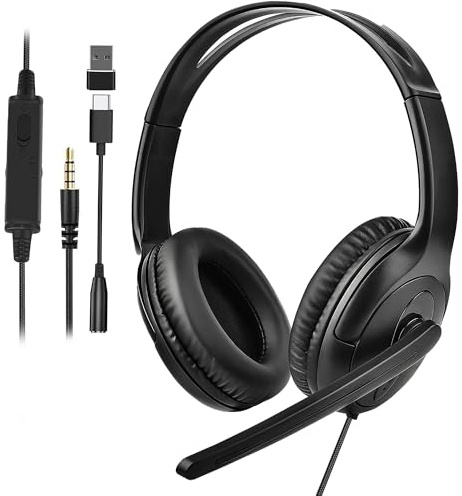 Auriculares con cable para juegos con micrófono para Xbox/PS5/PS4/Switch/PC/portátil/tableta/teléfono, auriculares sobre la oreja con USB-A/C y conectores de 3,5 mm/micrófono giratorio de 330°/control