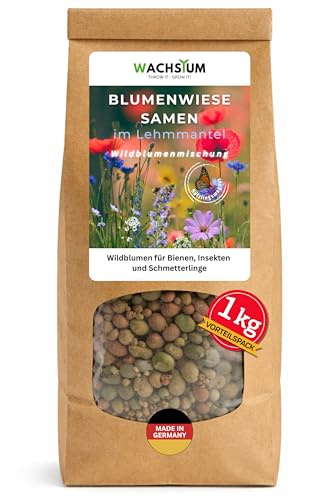 Blumensamen im schützenden Lehmmantel für Bienen und Schmetterlinge 1000g. Mehrjährig & winterhart, Wildblumenmischung für 50 m². Wunderschöne Wildblumen Saatgut für bunte Bienenweide. (1kg für 50m²)