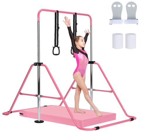 ARATERVIO Kinder Turnreck Reckstange mit Matte – Verstellbare Gymnastik Stange Horizontal Bar 5 Stufen (80–130 cm), Trainingsgerät Turnen Zuhause, Stabil & Sicher für Indoor Training