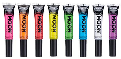Moon Glow Neon UV-Mascara, 8er-Set, leuchtende Neonfarbe, leuchtet unter UV-Beleuchtung, Neon-Make-up (Orange, Blau, Weiß, Grün, Rosa, Lila, 15 ml (8er-Pack))
