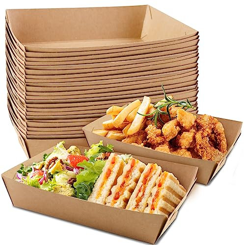 HAKACC Party Food Trays, 50 Pack Paper Plates, Take Away Food Boxes, Cardboard Serving Tray Water Oil Proof for Chips Burger BBQ Birthday Camping Party 18x13cm