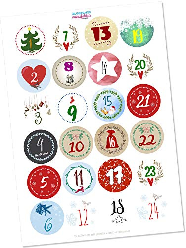 Adventskalender Zahlen Aufkleber 24 Stück - Bunter Mix | Weihnachtskalender Zahlen Etiketten für Adventskalender Etiketten für Geschenke und Kalender rund 4cm