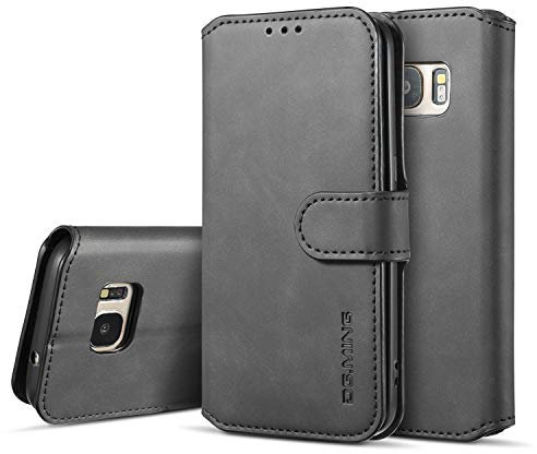 UEEBAI Handyhülle für Samsung Galaxy S7, Hülle Retro Premium PU Leder Weiche Klapphülle Magnetverschluss Wallet Kartenfach Standfunktion Cover Anti Kratzern Flip Case Trageband Schutzhülle -Schwarz