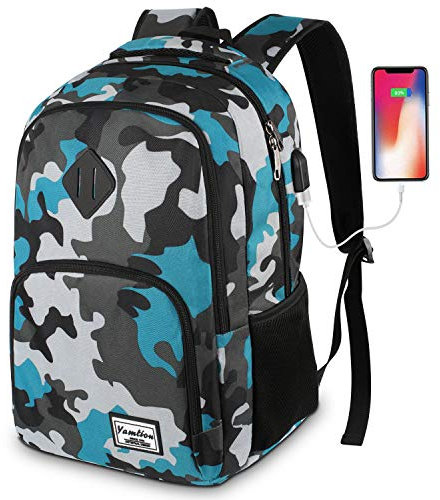 YAMTION Zaino Porta pc con Porta di Ricarica USB,Zaino Scuola Scomparto per Laptop da 15,6 pollici (15.6 pollice, GJB6-camouflage blue)