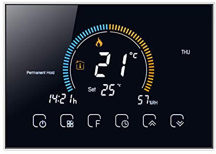 Qiumi Smart WiFi Thermostat Anzeige Wetter, UV-Index, Luftfeuchtigkeit,für Fußbodenheizung elektrisch,Arbeiten mit Alexa Google Home, 16A 95~240V AC (Kassettenmontage)