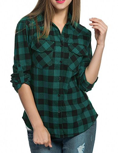 Jhsnjnr Women's Checked Shirt Plaid Sleeve Blouse Rolled Up Shirts Button Tunic Tops Green
