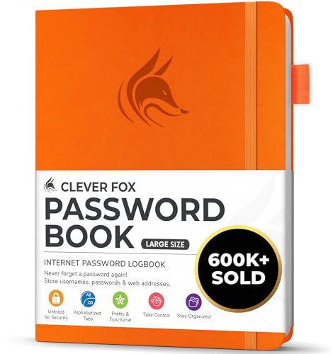 Clever Fox Passwortbuch mit Registerkarten - Adress- und Passwort-Organisationsbuch mit alphabetischen Registerkarten - Großes Passwortbuch für Computer- und Website-Logins, Orange