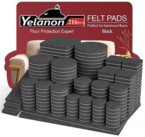 Yelanon Möbelgleiter 216 Stück filzgleiter selbstklebend, Filz für stühle, kratzfester Bodenschutz für Möbelfüße, Chair Leg Floor Protectors, Schwarz