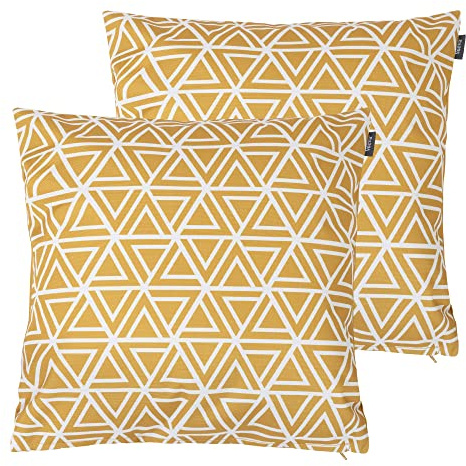 Bean Bag Bazaar Outdoor Cushions Filled, Geo Collection, Set of 2, Yellow | Made in the UK, 43cm x 43cm, Durable Water-Resistant Fabric, Outdoor Cushions for Garden Furniture, Garden and Patio