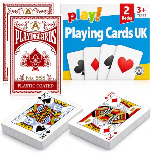 SOL 2pk Playing Cards UK - Deck Of Cards Set - Poker Cards - Pack of Cards | Deck of Playing Cards Set for Poker & Family Game Nights - Durable Plastic Coated Red Playing Cards 2 Pack x 52
