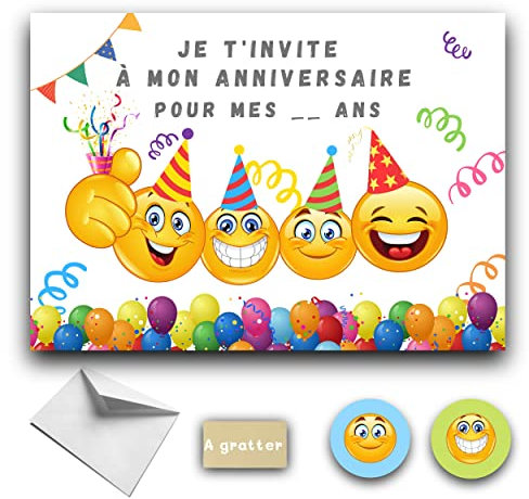 Kreatives Set mit 10 Einladungskarten zum Geburtstag, Motiv: Smiley, 10 Karten, 10 weiße Umschläge, 10 Aufkleber und 10 Aufkleber