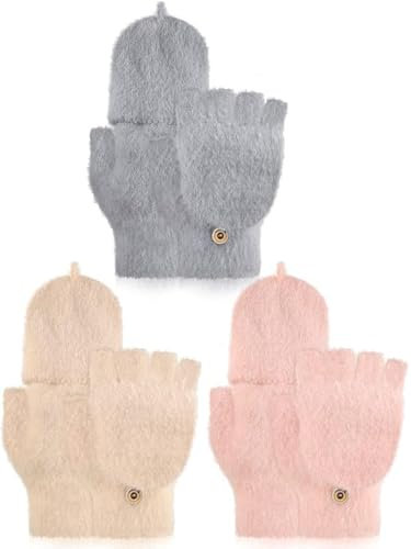3 Paar Wandelbar Fingerlos Handschuhe Strick Handschuhe mit Klappe Warm Wolle Fäustling für Damen (Beige, Rosa, Grau)