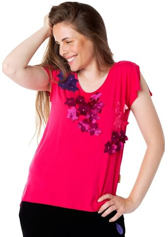Mamatayoe Destello Camiseta para Mujer Color Vived Fucsia, Viscosa, Manga Pañuelo y Bordado Delantero