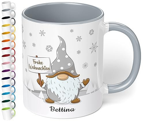 True Statements Weihnachtstasse mit Namen personalisiert „Frohe Weihnachten“ - mit Gold-Wichtel-Motiv - 330ml Keramik Kaffee-Becher mit Spruch – Geschenk zu Weihnachten (Grau)