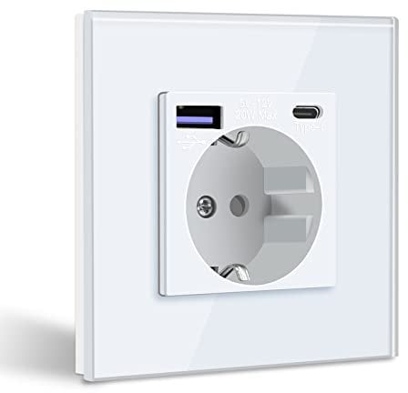 BSEED Enchufe de Pared con USB C 20W, Blanco Schuko Enchufe con Cargador Rápido USB Tipo C, 1 Gang Toma de Corriente con 2xCargadores USB y Typ C, Enchufe Integrado Adecuado