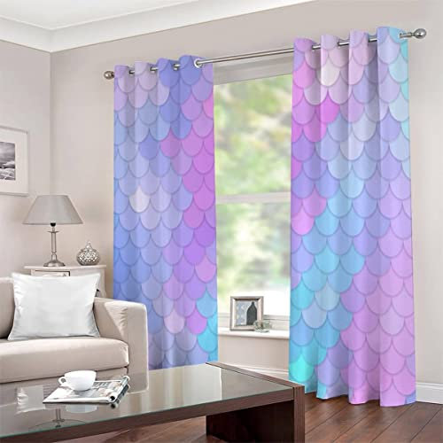 Vorhänge mit Ösen 2er Set Blickdichte Vorhänge Farbige Fischschuppen Gardinen Uv Schutz Vorhänge Blau Lila Kinderzimmer Mädchen Jungen Vorhänge 140 x 160 cm BxH