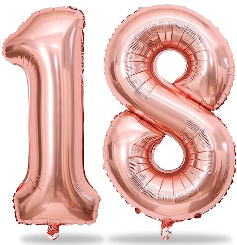 Rose Gold Number 18 Mylar Foil Balloons, 40 Inch Giant 18th Birthday Balloons for Girls, Rose Gold Number 1 & 8 Helium Balloon for Women 18th Anniversary Party Decorations Supplies