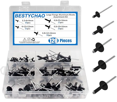 BESTYCHAO Lot de 120 rivets aveugles en aluminium à grande bride 5 tailles (Noir)