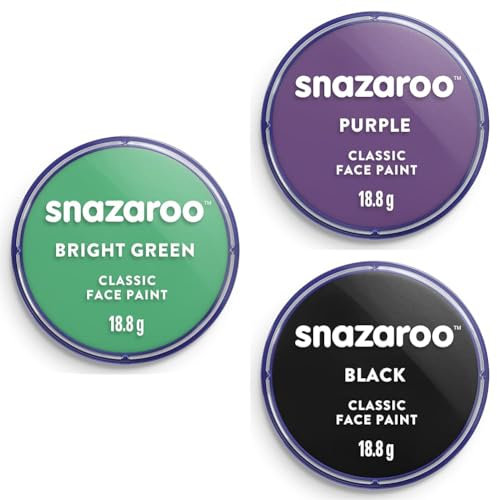 Snazaroo Classic Face Paint Set 'Witch', Bright Green + Black + Purple, 3 x 18.8g, for Halloween and Parties
