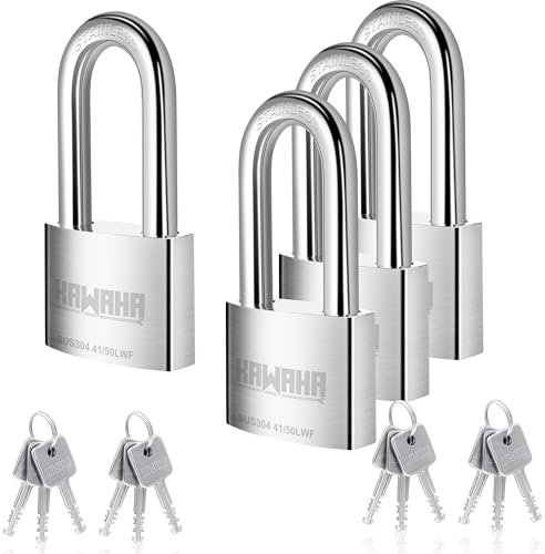 KAWAHA 41/50L-4PS 50 mm langer Bügel, Hochsicherheits-Vorhängeschloss aus Edelstahl mit Edelstahlschlüssel für den Innen- und Außenbereich (robust, rostfrei) (50 mm, gleichschließend L, 4 Stück)
