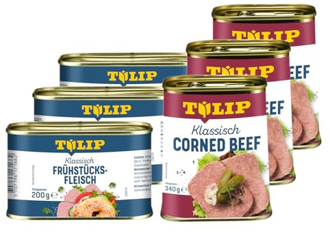 TULIP 3x Klassisches Corned Beef 340g + 3x Schweine-Frühstücksfleisch 200g | leckeres Rinder und Schweinefleisch | 98% Rindfleisch und 86% Schweinefleisch