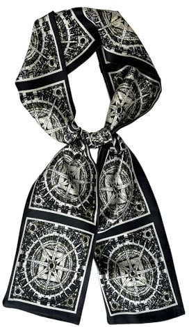FONYVE Langes Seidenkopftuch für Haare, modisches Kopftuch für Damen, leichter Halstuch, Schal, mit Geschenkverpackung, 15 x 150 cm, P006, schwarzes Rad, Medium