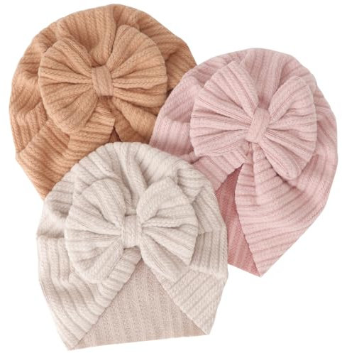 DRESHOW Neugeborenen Baby Turban Mütze mit Schleife - Weiche Dehnbare Säugling Mädchen Jungen Beanie für Neugeborene, Kleinkinder - Kindergarten Krankenhaus Mütze 3 Stück