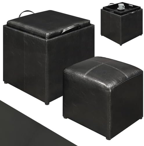 BAKAJI Set 2 Pouf Contenitori in Ecopelle Colore Nero con Coperchio 2 in 1 Trasformabile Vassoio da Portata, Sgabello con Scomparto Multiuso Comoda Imbottitura, Poggiapiedi con Struttura in Legno