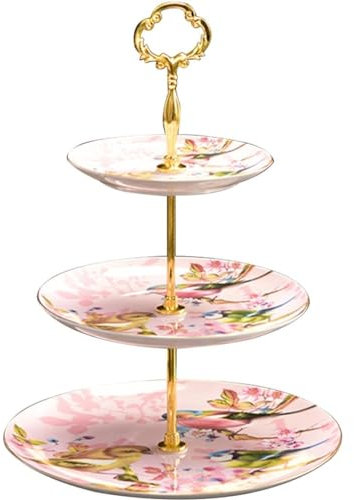 Alzata Torta,Cornice Di Caramelle In Ceramica Fiore Dipinta A Mano Vintage Ed Elegante, Espositore Per Pasticceria E Dessert A 3 Strati Per Tè Pomeridiano, Nozze(Rosa)